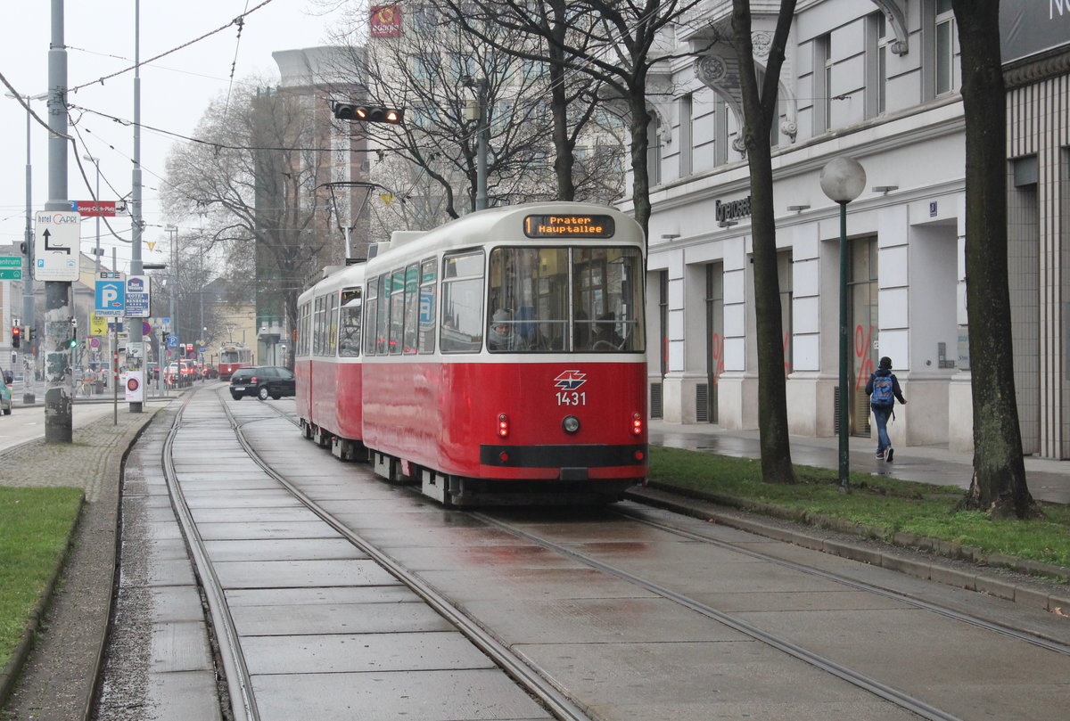 Wien Wiener Linien SL 1 (c5 1431 + E2 4031) Innere Stadt, Franz-Josefs-Kai / Julius-Raab-Platz am 18. Februar 2016.