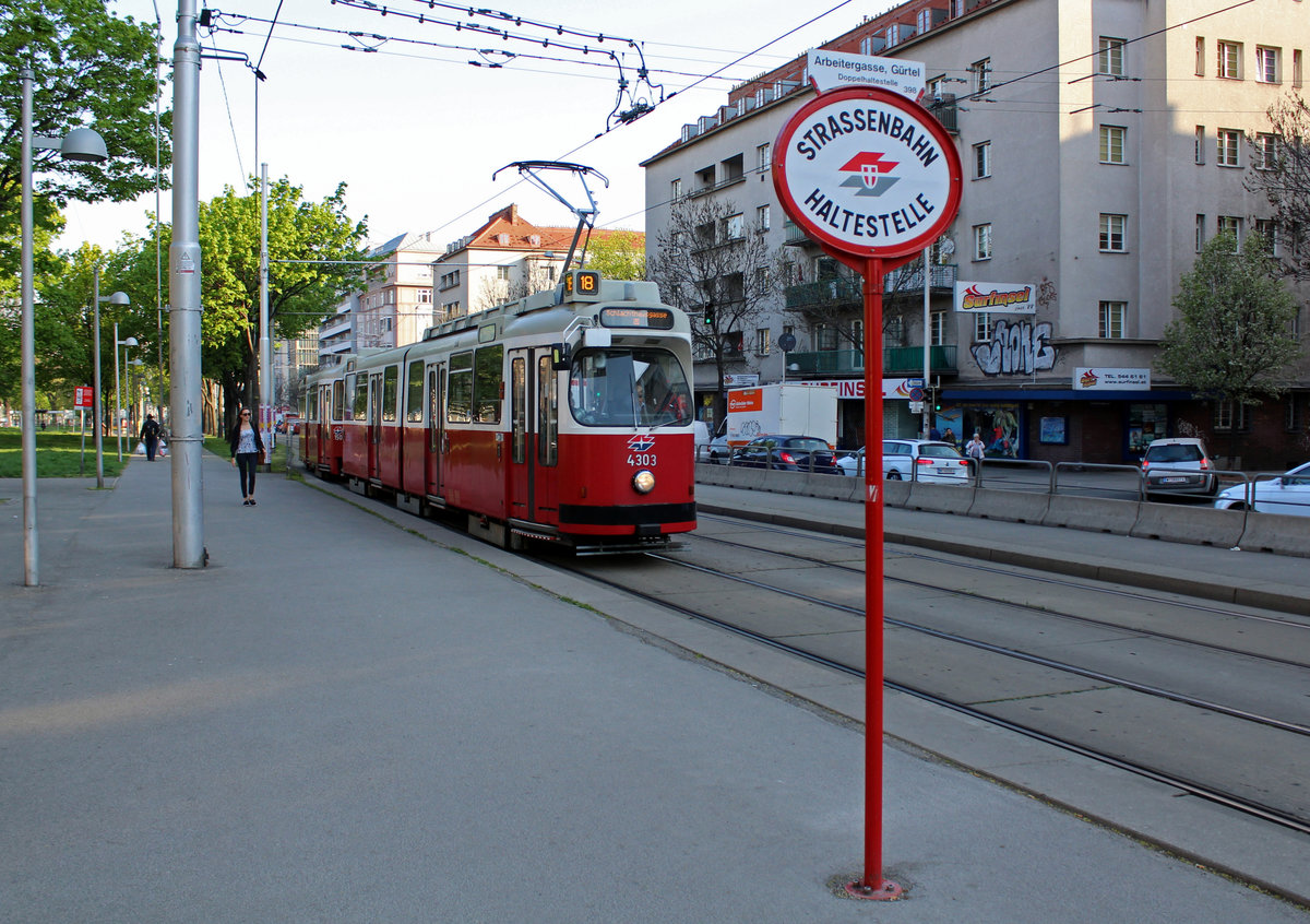 Wien Wiener Linien SL 18 (E2 4303 + c5 1503(?)) V, Margareten, Margaretengürtel (Hst. Arbeitergasse) am 19. April 2018.