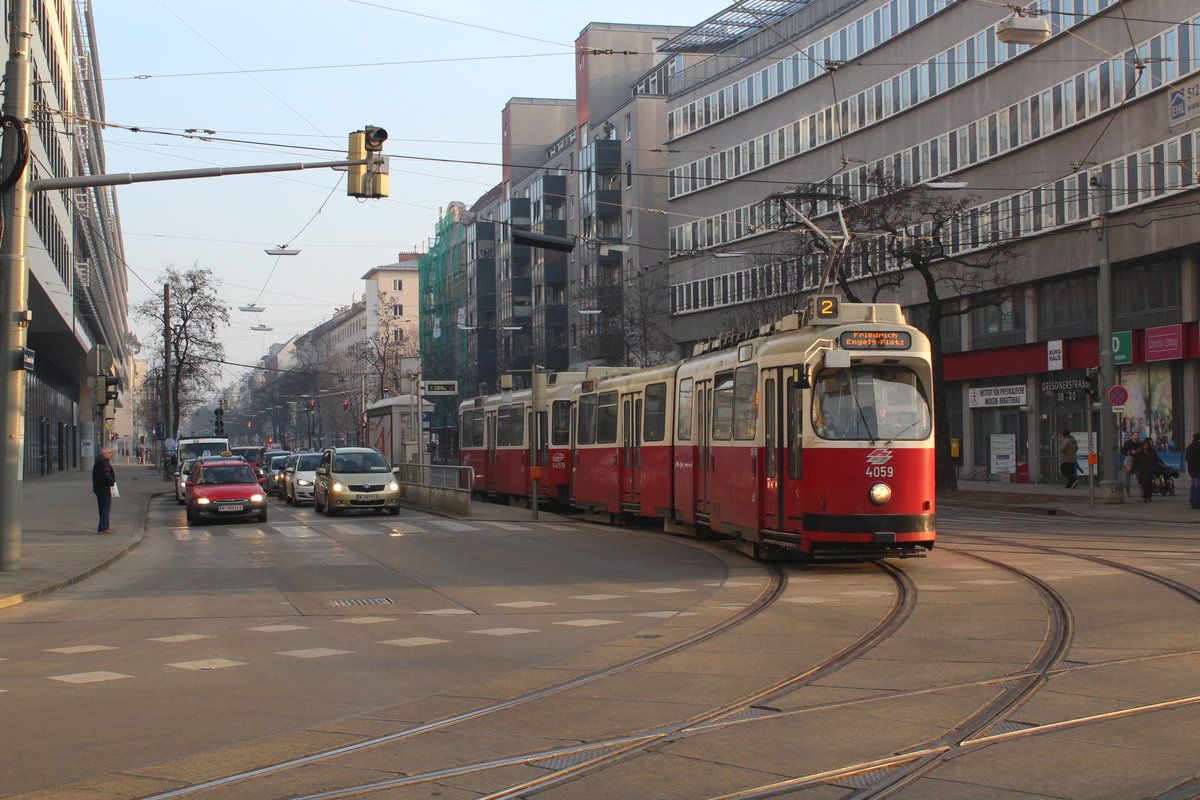 Wien Wiener Linien SL 2 (E2 4059 + c5 1459) XX, Brigittenau, Höchstädtplatz am 16. Februar 2017.