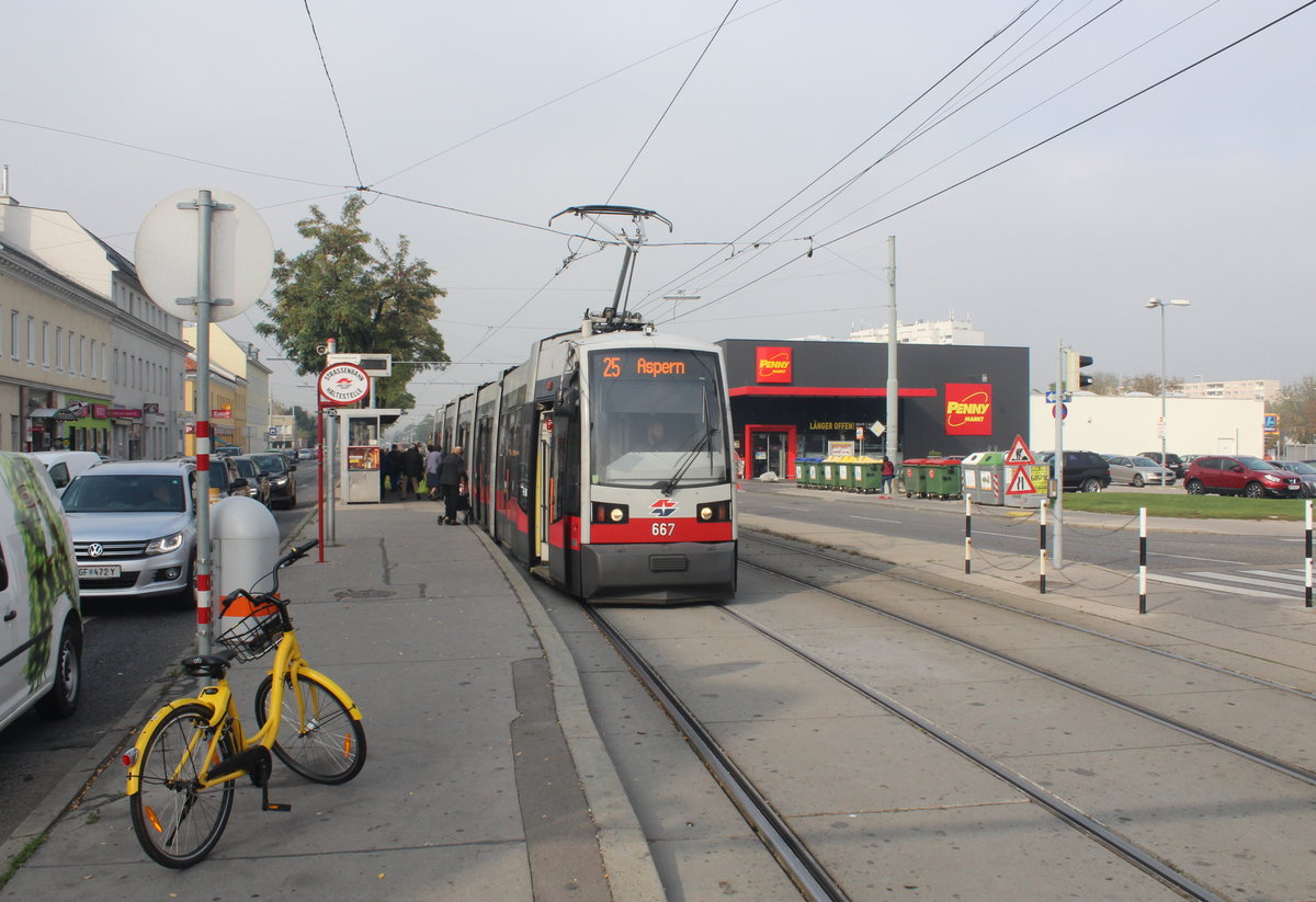 Wien Wiener Linien SL 25 (B 667) XII, Donaustadt, Erzherzog-Karl-Straße / Donaustadtstraße (Hst. Donaustadtstraße) am 18. Oktober 2017.