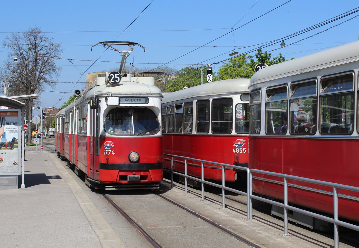 Wien Wiener Linien SL 25 (E1 4774 / E1 4855) XXII, Donaustadt, Erzherzog-Karl-Straße / Polgarstraße (Hst. Polgarstraße) am 20. April 2018.