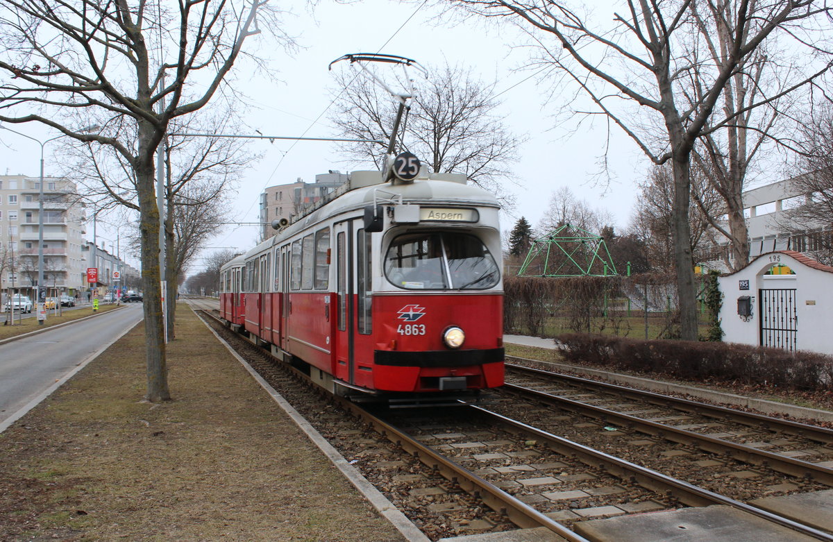 Wien WIener Linien SL 25 (E1 4863 (SGP 1976)) XII, Donaustadt, Aspern, Langobardenstraße am 13. Feber / Februar 2019.