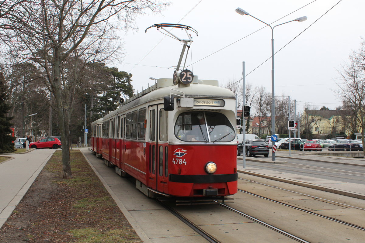 Wien Wiener Linien SL 25 (E1 4784 (SGP 1972) + c4 1320 (Bombardier-Rotax 1974)) XXII, Donaustadt, Aspern, Langobardenstraße am 13. Feber / Februar 2019.