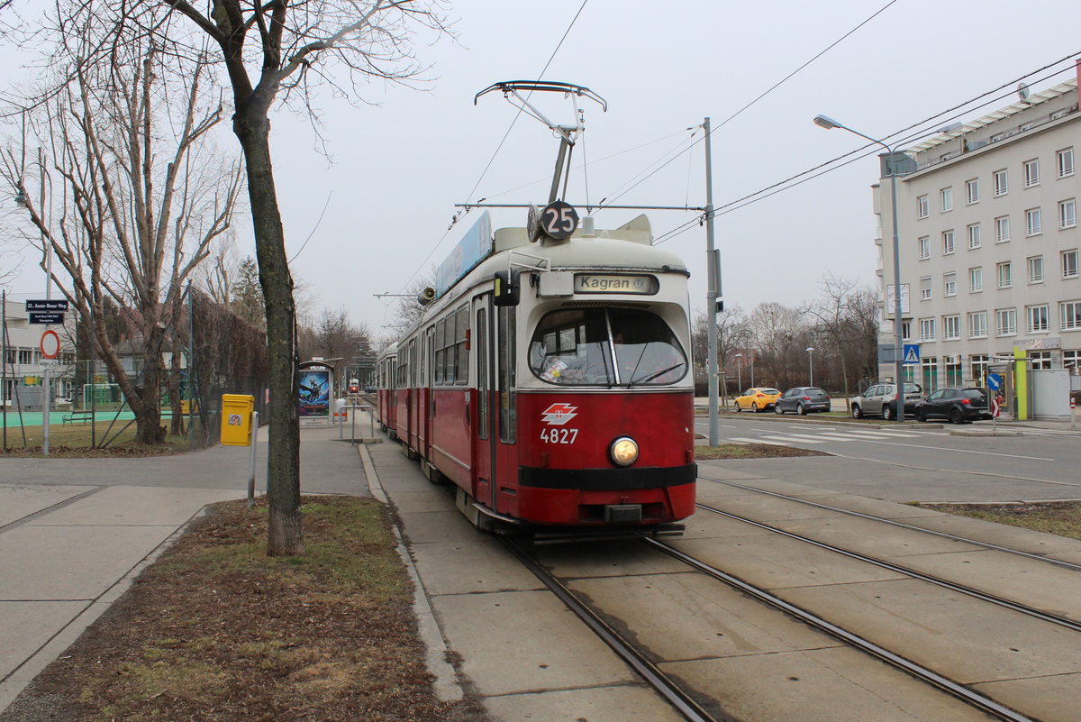 Wien Wiener Linien SL 25 (E1 4827 (SGP 1974) + c4 1307 (Bombardier-Rotax 1974)) XXII, Donaustadt, Aspern, Langobardenstraße / Annie-Rosar-Weg / Trondheimgasse am 13. Februar 2019.