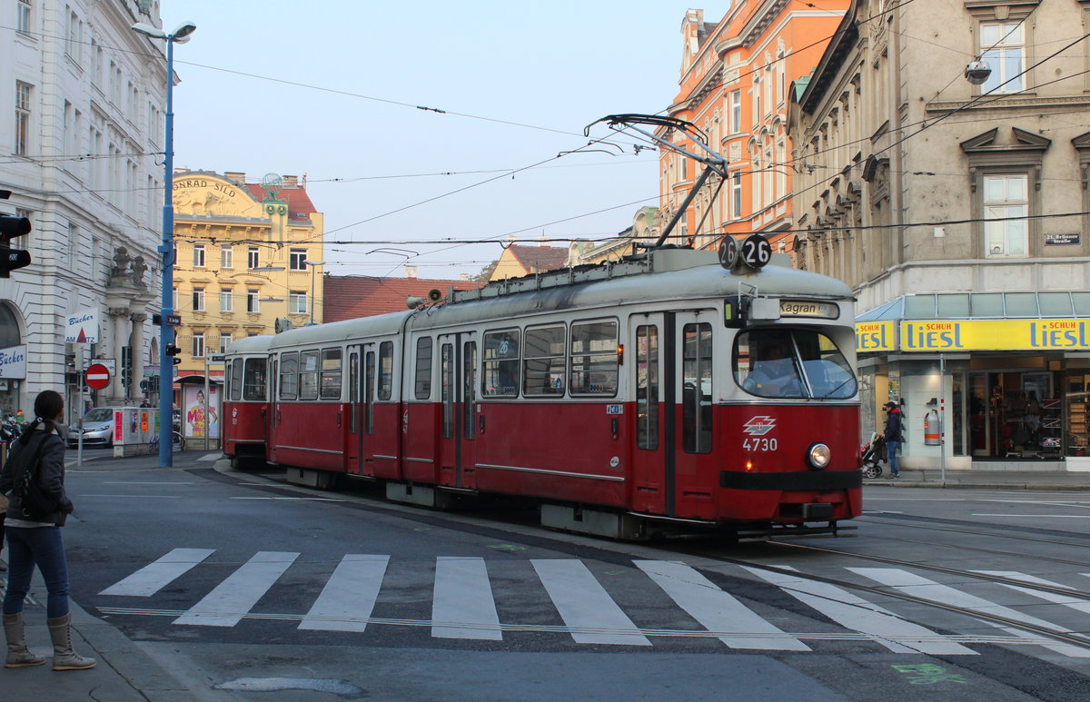 Wien Wiener Linien SL 26 (E1 4730 (SGP 1971) + c4 1331 (Bombardier-Rotax 1971)) XXI, Floridsdorf, Am Spitz / Schloßhofer Straße am 18. Oktober 2018.