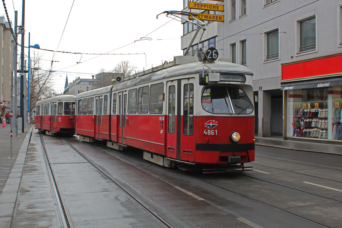 Wien Wiener Linien SL 26 (E1 4861 (SGP 1976) + c4 1319 (Bombardier-Rotax 1974)) XXI, Floridsdorf, Schloßhofer Straße am 13. Feber / Februar 2019.