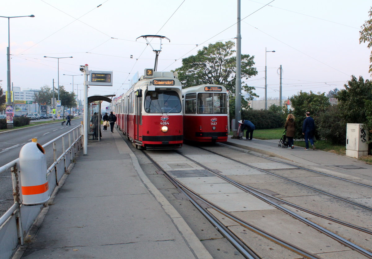 Wien Wiener Linien SL 31 (E2 4064 (SGP 1986)) / SL 30 (c5 1467 (Bombardier-Rotax 1986)) XXI, Floridsdorf, Großjedlersdorf, Brünner Straße (Hst. Brünner Straße, Hanreitergasse) am Morgen des 18. Oktober 2018.