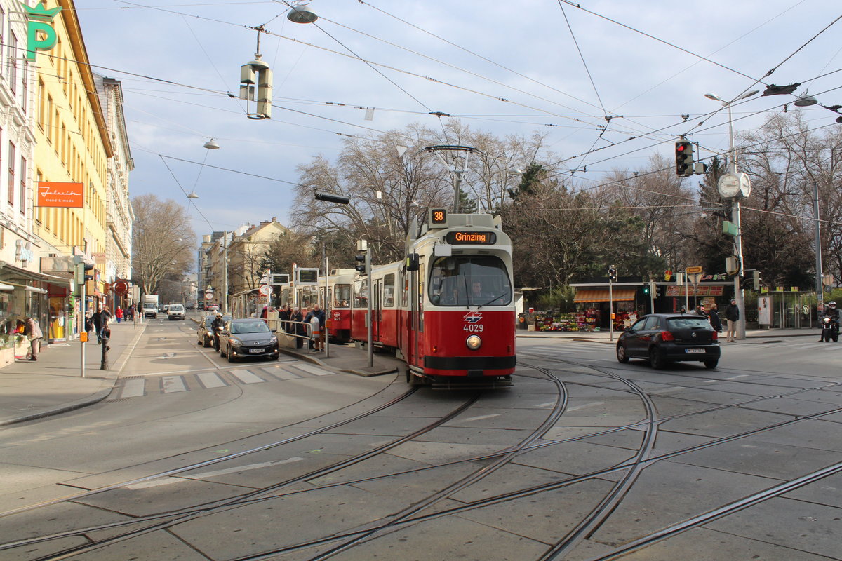 Wien Wiener Linien SL 38 (E2 4029 + c5 1429) Währinger Straße / Nußdorfer Straße am 22. März 2016.
