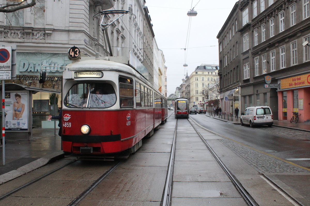 Wien Wiener Linien SL 43 (E1 4859) Alsergrund, Kinderspitalgasse / Alser Straße (Hst. Brünnlbadgasse) am 17. Februar 2016.