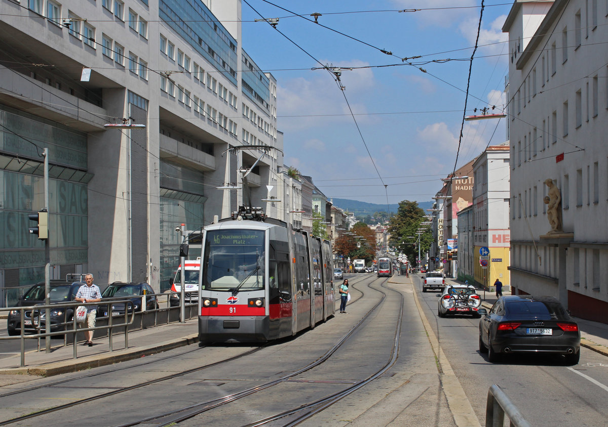 Wien Wiener Linien SL 46 (A1 91) XVI, Ottakring, Maroltingergasse / Joachimsthalerplatz (Hst. Joachimsthalerplatz) am 27. Juli 2018.