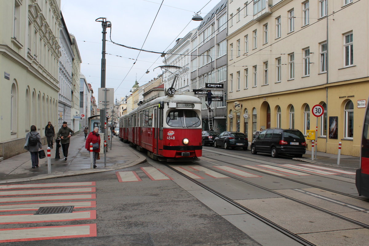 Wien Wiener Linien SL 49 (E1 4548 + c4 1372) XV, Rudolfsheim-Fünfhaus, Märzstraße / Beingasse (Hst. Beingasse) am 16. März 2018.