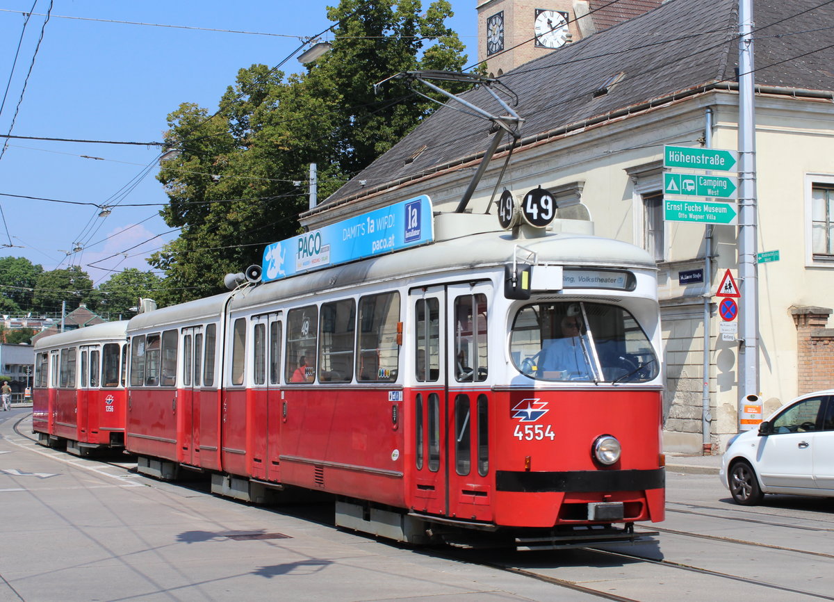 Wien Wiener Linien SL 49 (E1 4554 (Bombardier-Rotax 1976) + c4 1356 (Bombardier-Rotax 1976)) XIV, Penzing, Hütteldorf, Linzer Straße / Bergmillergasse / Hüttelbergstraße am 24. Juli 2018.