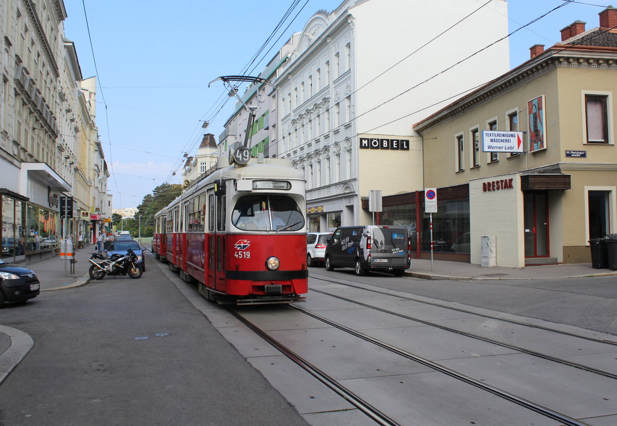 Wien Wiener Linien SL 49 (E1 4519 (Lohnerwerke 1973) + c4 1360 (Bombardier-Rotax, vormals Lohnerwerke, 1976)) XIV, Penzing, Breitensee, Hütteldorfer Straße / Sebastian-Kelch-Gasse / Matzingerstraße am 24. Juli 2018.