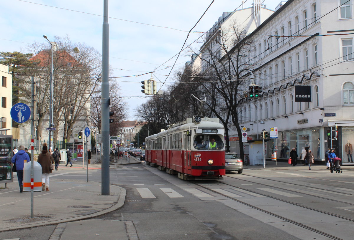 Wien Wiener Linien SL 49 (E1 4539 + c4 1357 (Bombardier-Rotax 1974 bzw. 1976)) XIV, Penzing, Breitensee / Penzing, Hütteldorfer Straße / Leyserstraße / Ameisgasse am 13. Feber / Februar 2019.  
