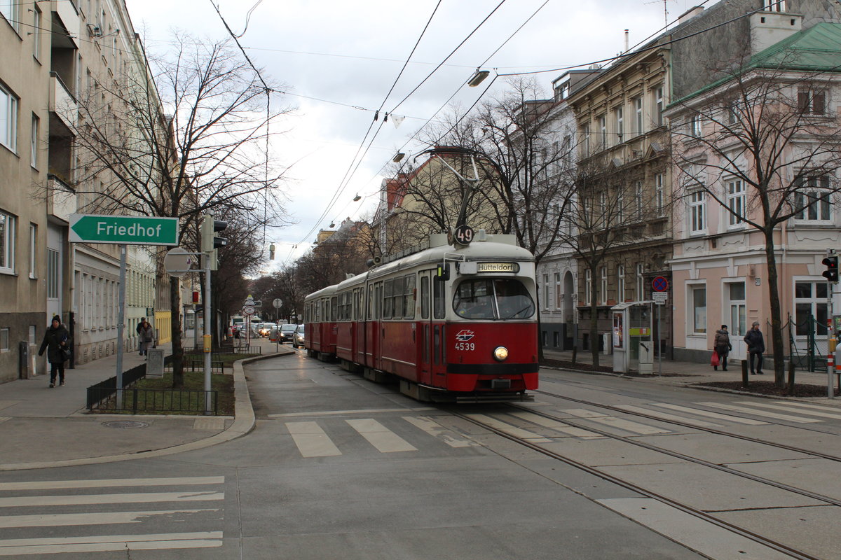Wien Wiener Linien SL 49 (E1 4539 + c4 1357 (Bombardier-Rotax 1974 bzw. 1976)) XIV, Penzing, Unterbaumgarten, Hütteldorfer Straße / Waidhausenstraße am 11. Feber / Februar 2019. 
