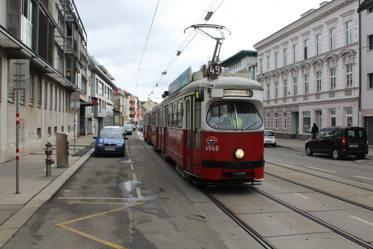 Wien Wiener Linien SL 49 (E1 4549) XIV, Penzing, Hütteldorf, Linzer Straße / Rettichgasse am 11. Feber / Februar 2019.