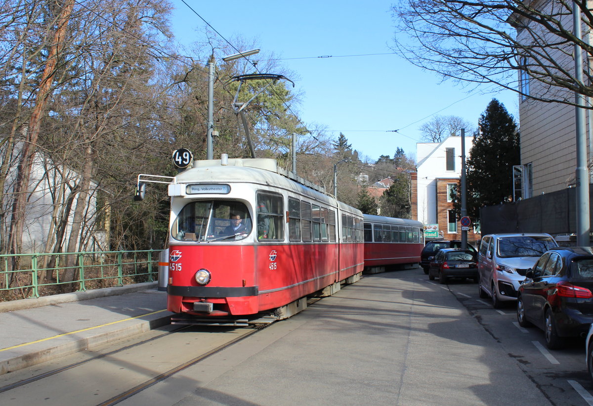Wien Wiener Linien SL 49 (E1 4515 (Lohnerwerke 1972) + c4 1335 (Bombardier-Rotax, vormals Lohnerwerke, 1975)) XIV, Penzing, Hütteldorf, Bujattigasse (Endstation Hütteldorf, Bujattigasse (Einstieg)) am 14. Feber / Februar 2019.