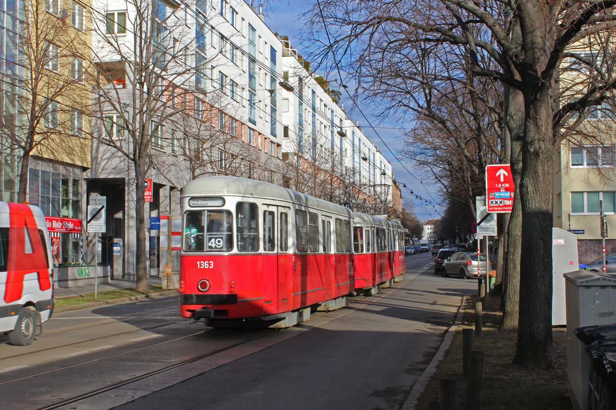 Wien Wiener Linien SL 49 (c4 1363 (Bombardier-Rotax, vorm. Lohnerwerke, 1976) + E1 4519 (Lohnerwerke 1973)) XIV, Penzing, Breitensee, Hütteldorfer Straße / Prochstraße am 13. Feber / Februar 2019.