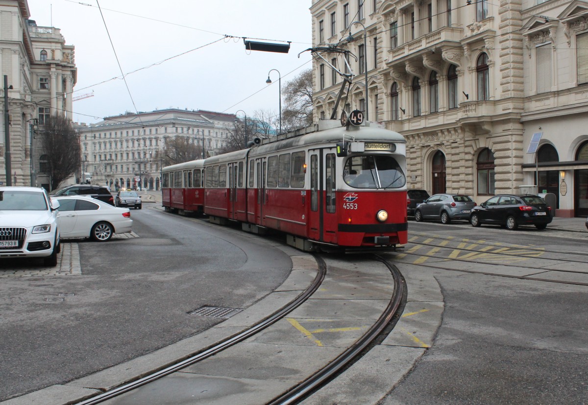 Wien Wiener Linien SL 49 (E1 4553 + c4 1360) Hansenstraße am 19. Februar 2016.
