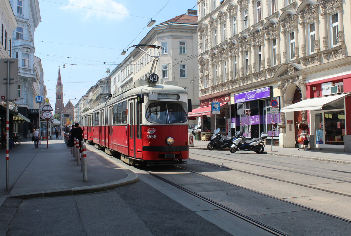 Wien Wiener Linien SL 49 (E1 4558 + c4 1370) XV, Rudolfsheim-Fünfhaus, Märzstraße (Hst. Schweglerstraße) am 26. Juli 2016.