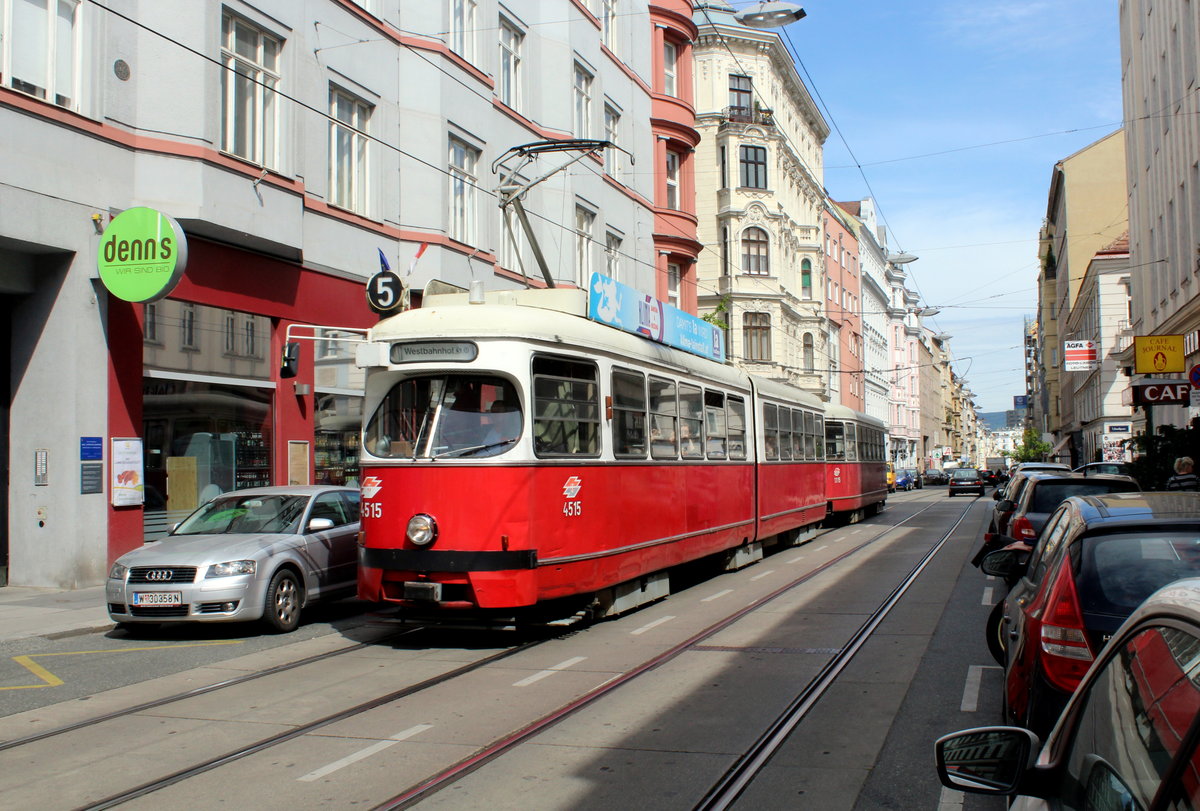 Wien Wiener Linien SL 5 (E1 4515 + c4 1315) VII, Neubau, Kaiserstraße am 12. Mai 2017.