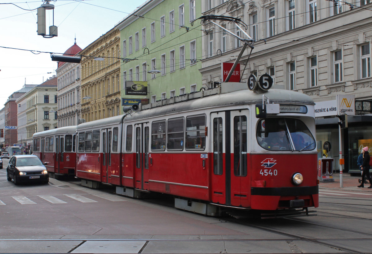 Wien Wiener Linien SL 5 (E1 4540 + c4 1360 (Bombardier-Rotax 1975 bzw. 1976)) XX, Brigittenau, Wallensteinstraße / Jägerstraße / Wallensteinplatz am 14. Feber / Februar 2019.