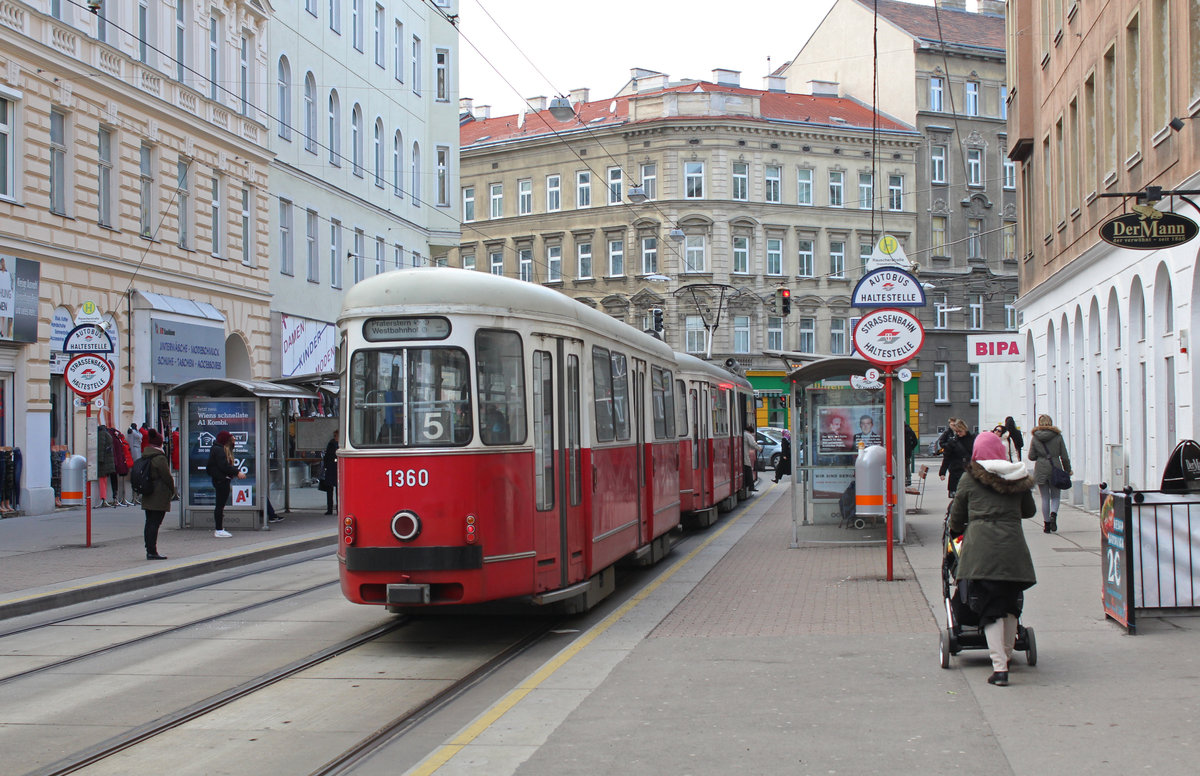 Wien Wiener Linien SL 5 (c4 1360 (Bombardier-Rotax 1976) + E1 4540 (Bombardier-Rotax 1975)) XX, Brigittenau, Hst. Rauscherstraße am 14. Feber / Februar 2019.