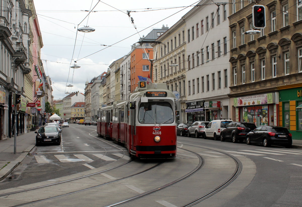 Wien Wiener Linien SL 5 (E2 4068 (1987)) XX, Brigittenau, Wallensteinstraße / Rauscherstraße am 9. Mai 2019.