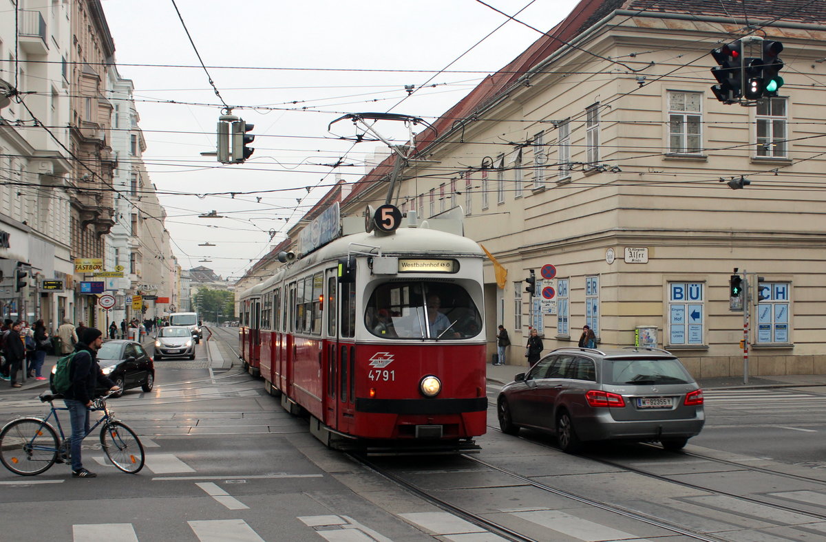 Wien Wiener Linien SL 5 (E1 4791 + c4 1308) IX, Alsergrund / VIII Josefstadt, Alser Straße / Spitalgasse / Lange Gasse am 17. Oktober 2016.