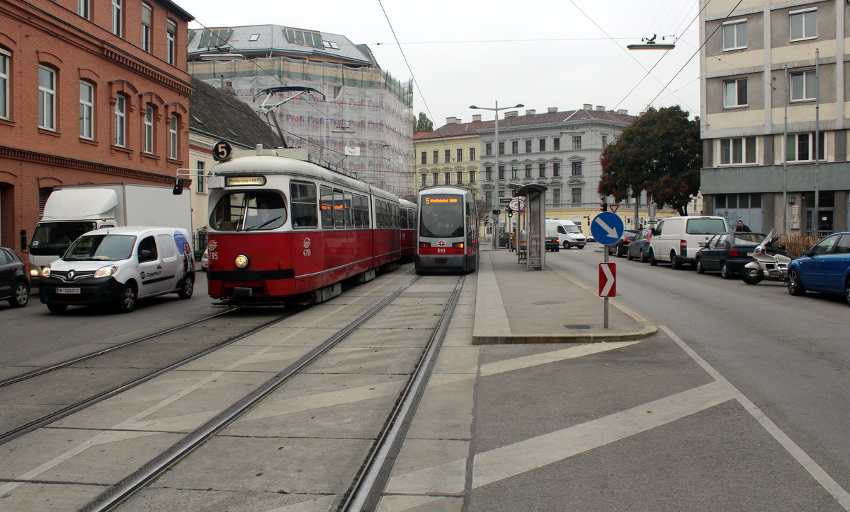 Wien Wiener Linien SL 5 (E1 4795 + c4 1317 / B 693) II, Leopoldstadt, Am Tabor am 17. Oktober 2016.