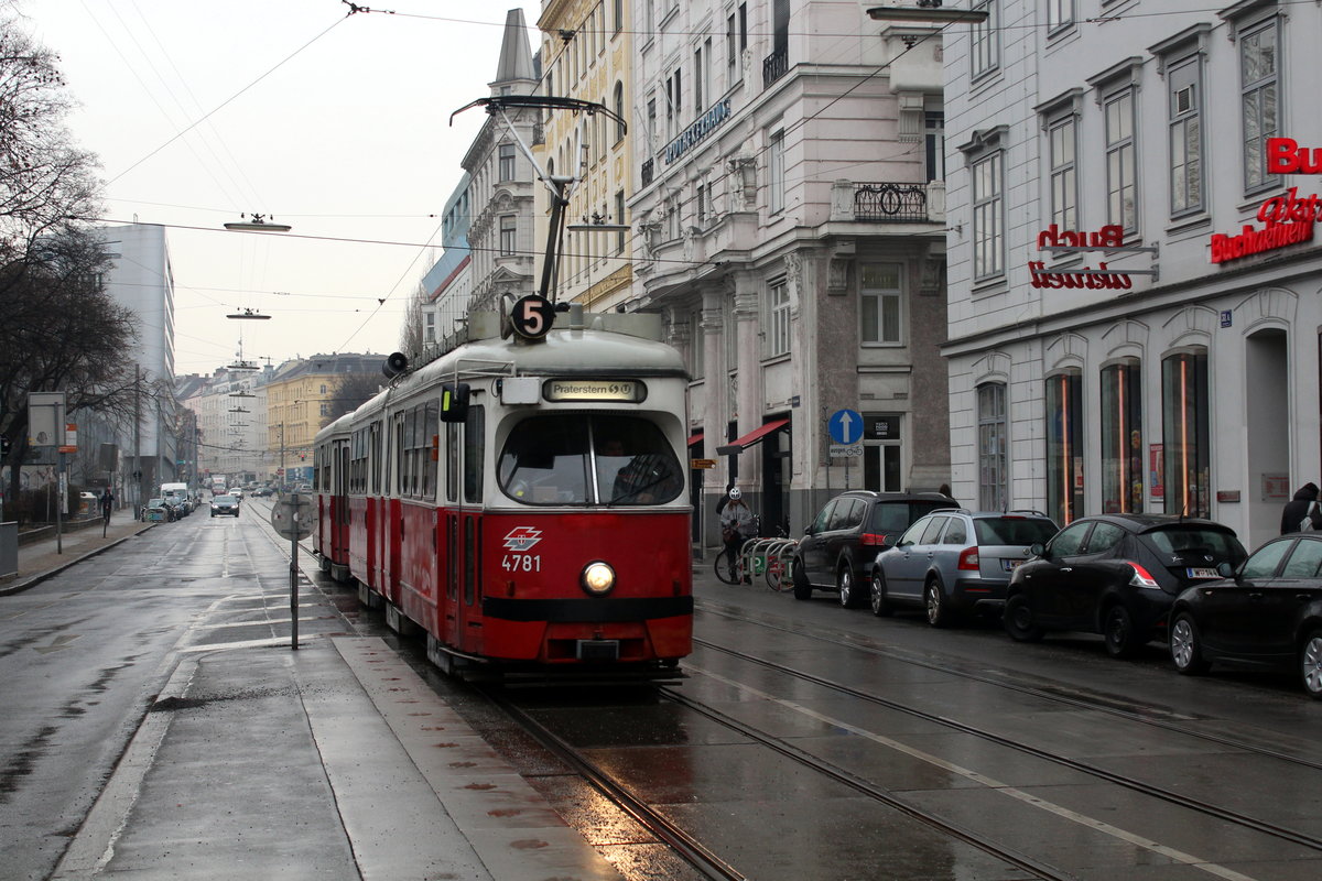 Wien Wiener Linien SL 5 (E1 4781 + c4 1316) IX, Alsergrund, Spitalgasse am 17. Februar 2017.