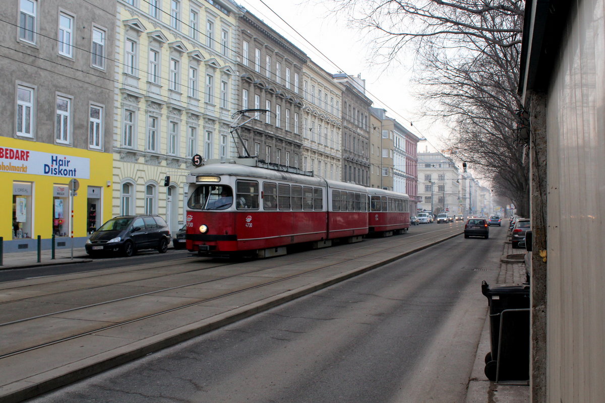 Wien Wiener Linien SL 5 (E1 4730 + c4 1338) II, Leopoldstadt, Nordwestbahnstraße am 16. Februar 2017.