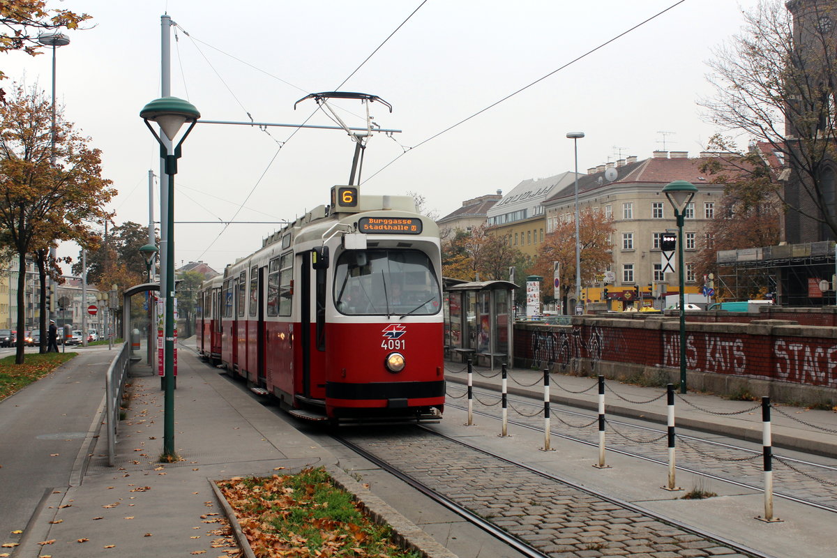 Wien Wiener Linien SL 6 (E2 4091 + c5 1491) VI, Mariahilf, Mariahilfer Gürtel am 20. Oktober 2017.