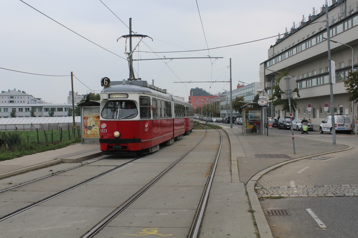 Wien Wiener Linien SL 6 (E1 4523 (Lohner 1973) + c3 1234 (Lohner 1961)) Svetelskystraße / Lichnovskygasse (Hst. Leberberg) am 12. Oktober 2015.