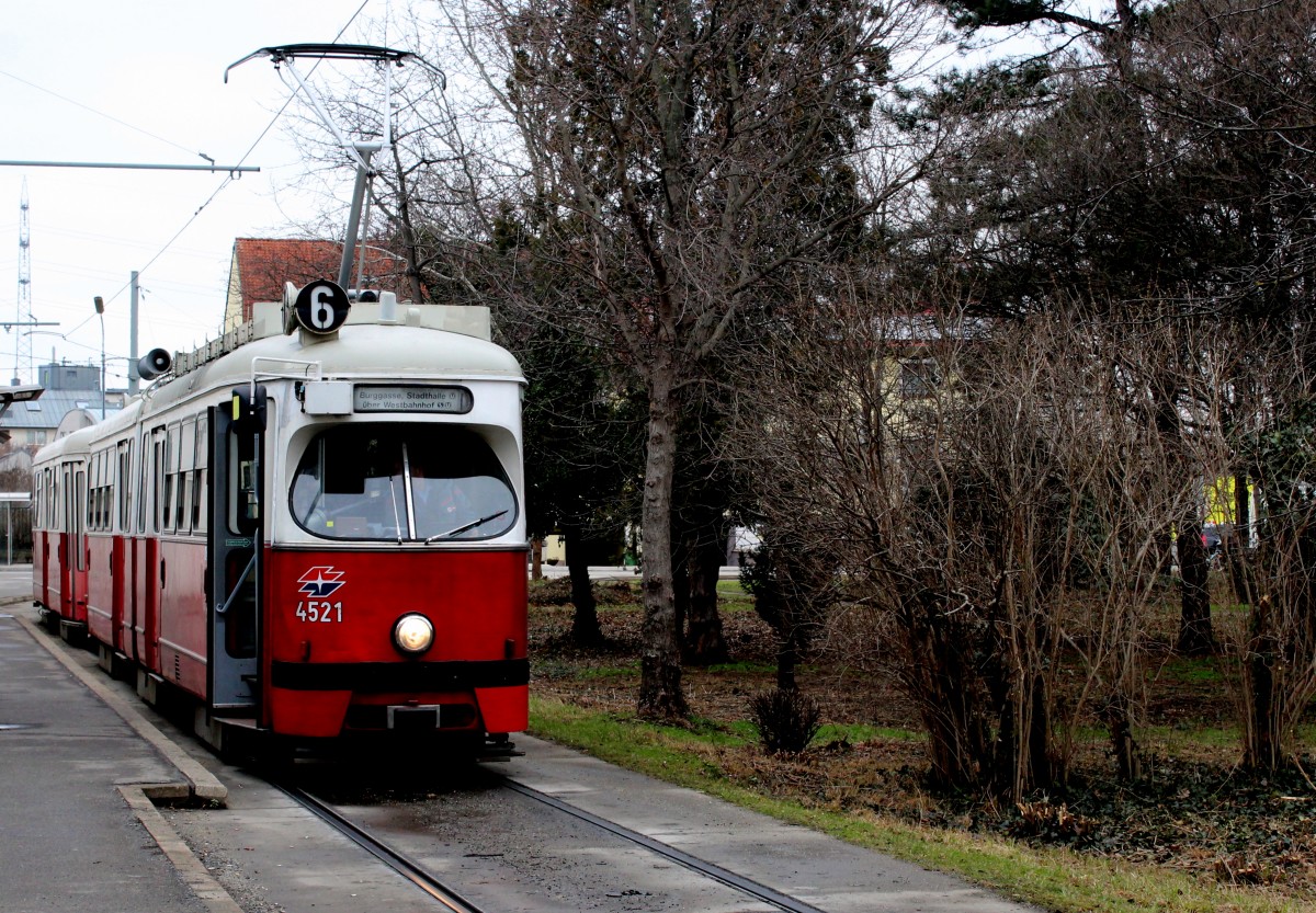 Wien Wiener Linien SL 6 (E1 4521 (Lohner 1973) + c4 1372 (Rotax 1977)) Kaiserebersdorf, Zinnergasse (Endstation) am 15. Februar 2016.