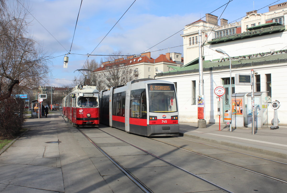 Wien Wiener Linien SL 6 (E1 4512 / B1 745) U-Bhf Margaretengürtel am 16. Februar 2016.