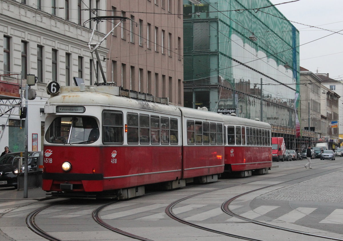 Wien Wiener Linien SL 6 (E1 4518 + c3 1272) Favoriten, Quellenstraße / Absberggasse (Hst. Absberggasse) am 23. März 2016.