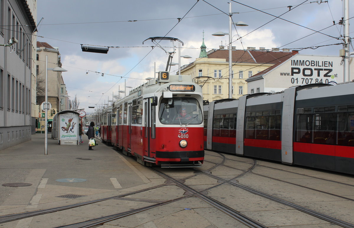 Wien Wiener Linien SL 6 (E2 4080 + c5 1480) Simmering (11. (XI) Bezirk), Simmeringer Hauptstraße (Hst. Fickeysstraße) am 22. März 2016.