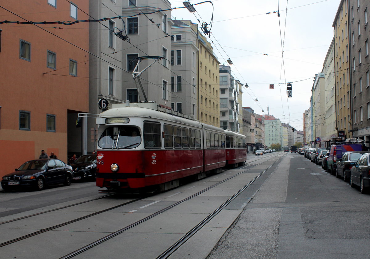Wien Wiener Linien SL 6 (E1 4515 + c3 1207) X, Favoriten, Quellenstraße / Wielandgasse am 21. Oktober 2016.