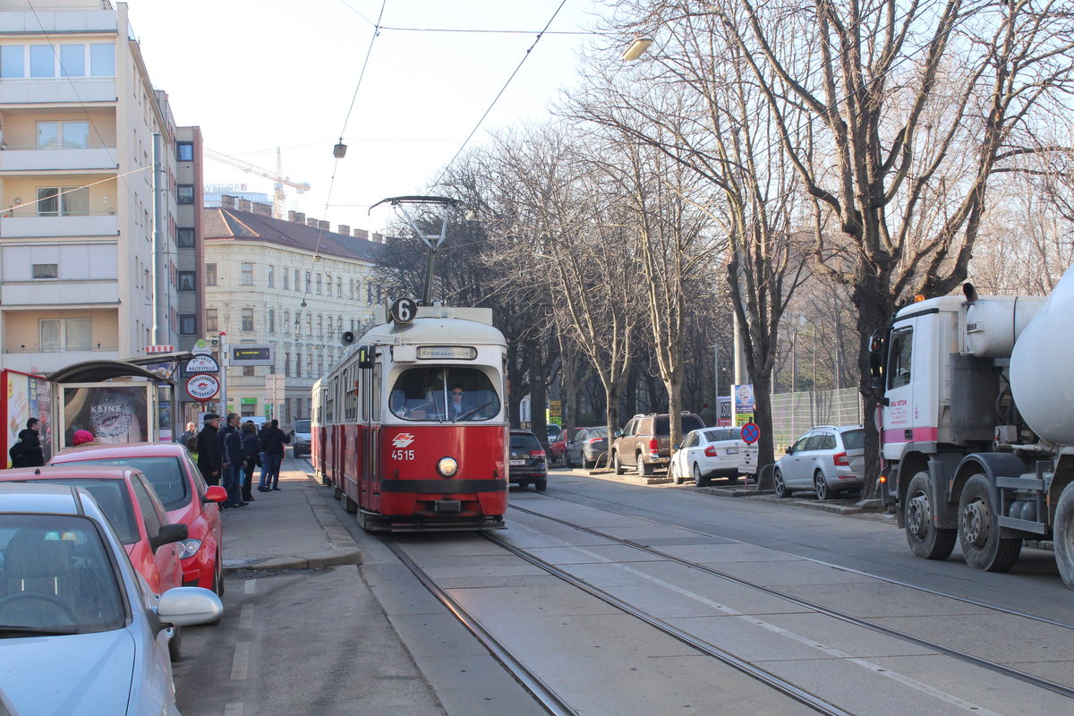 Wien Wiener Linien SL 6 (E1 4515) X, Favoriten, Quellenstraße (Hst. Bernhardtstalgasse) am 15. Februar 2017.