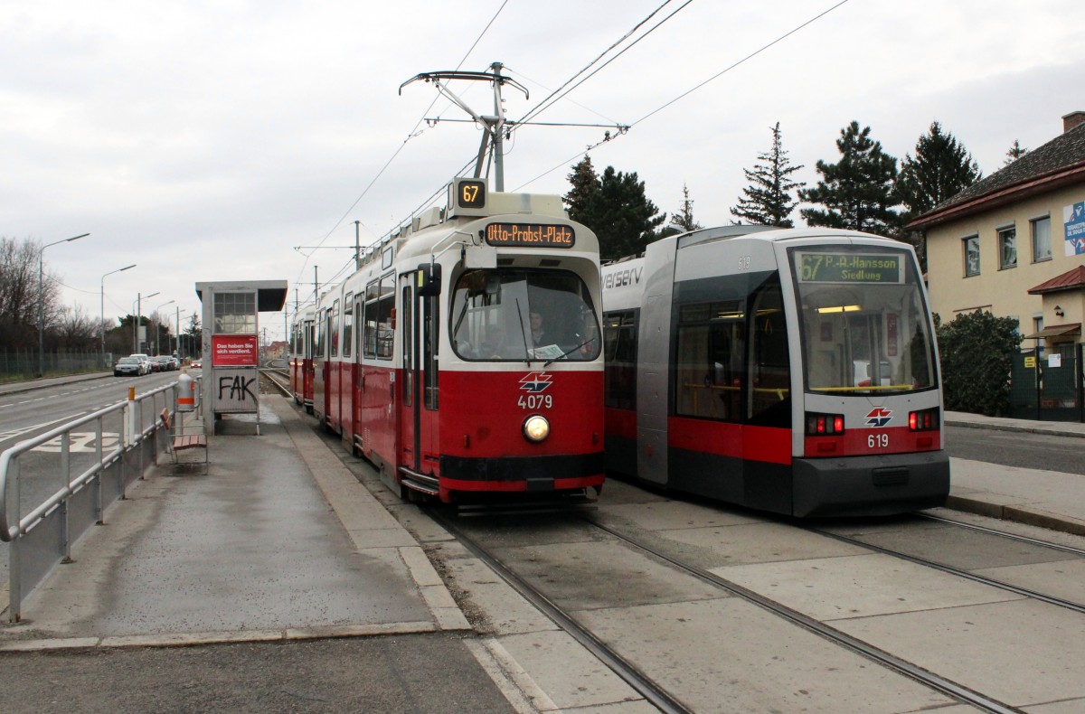 Wien Wiener Linien SL 67 (E2 4079 / B 619) Neilreichgasse (Hst. Wienerfeldgasse) am 15. Februar 2016.