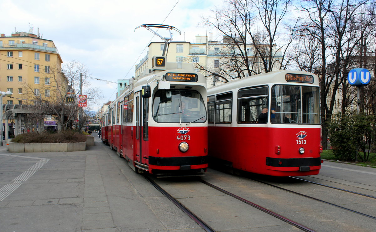 Wien Wiener Linien SL 67 (E2 4073 / c5 1513) Favoriten (10. (X) Bezirk), Reumannplatz am 21. März 2016.