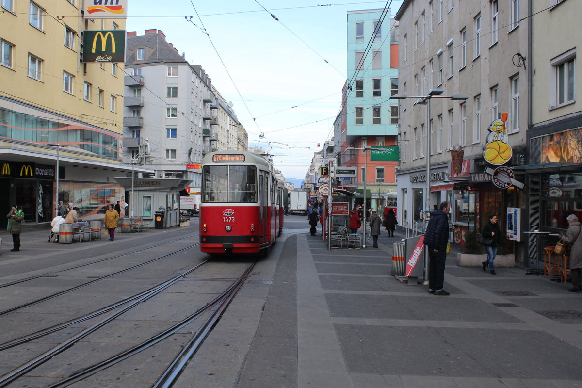 Wien Wiener Linien SL 67 (c5 1473 + E2 4073) Favoriten (X, 10. Bezirk), Favoritenstraße / Quellenstraße am 16. Februar 2016.