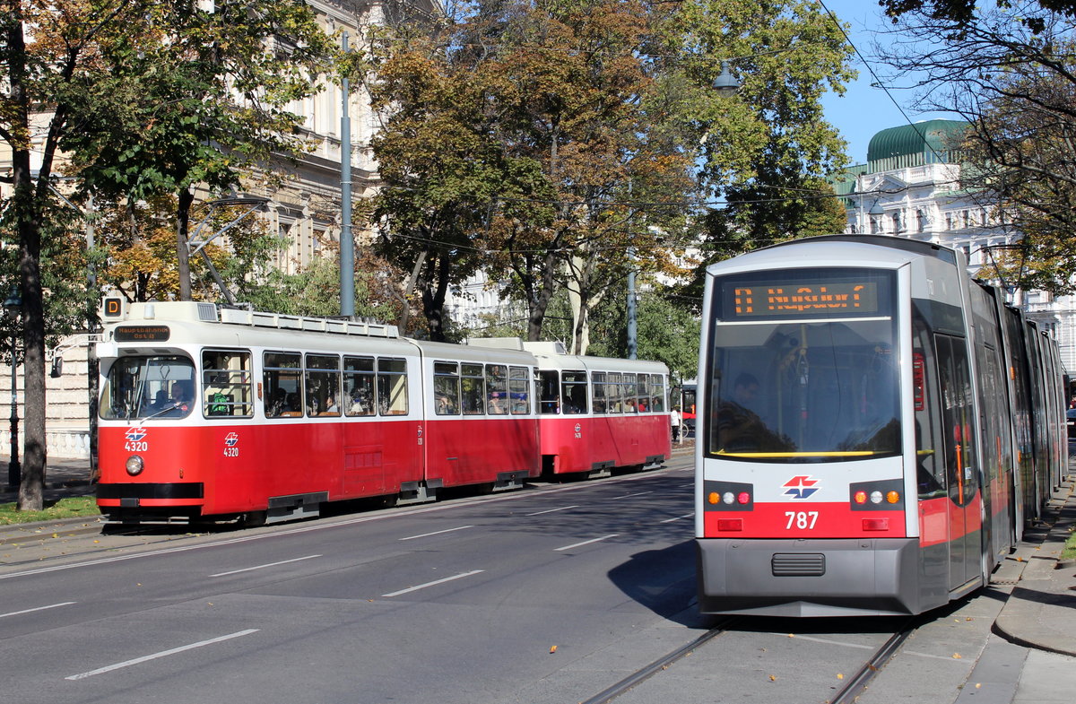 Wien Wiener Linien SL D (E2 4320 + c5 1478 / B1 787) I, Innere Stadt, Universitätsring / Oper / Mölker Bastei am 15. Oktober 2017.