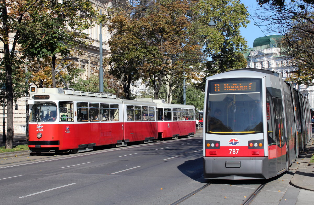 Wien Wiener Linien SL D (E2 4320 + c5 1478 / B1 787) I, Innere Stadt, Universitätsring / Oper / Mölker Bastei am 15. Oktober 2017.