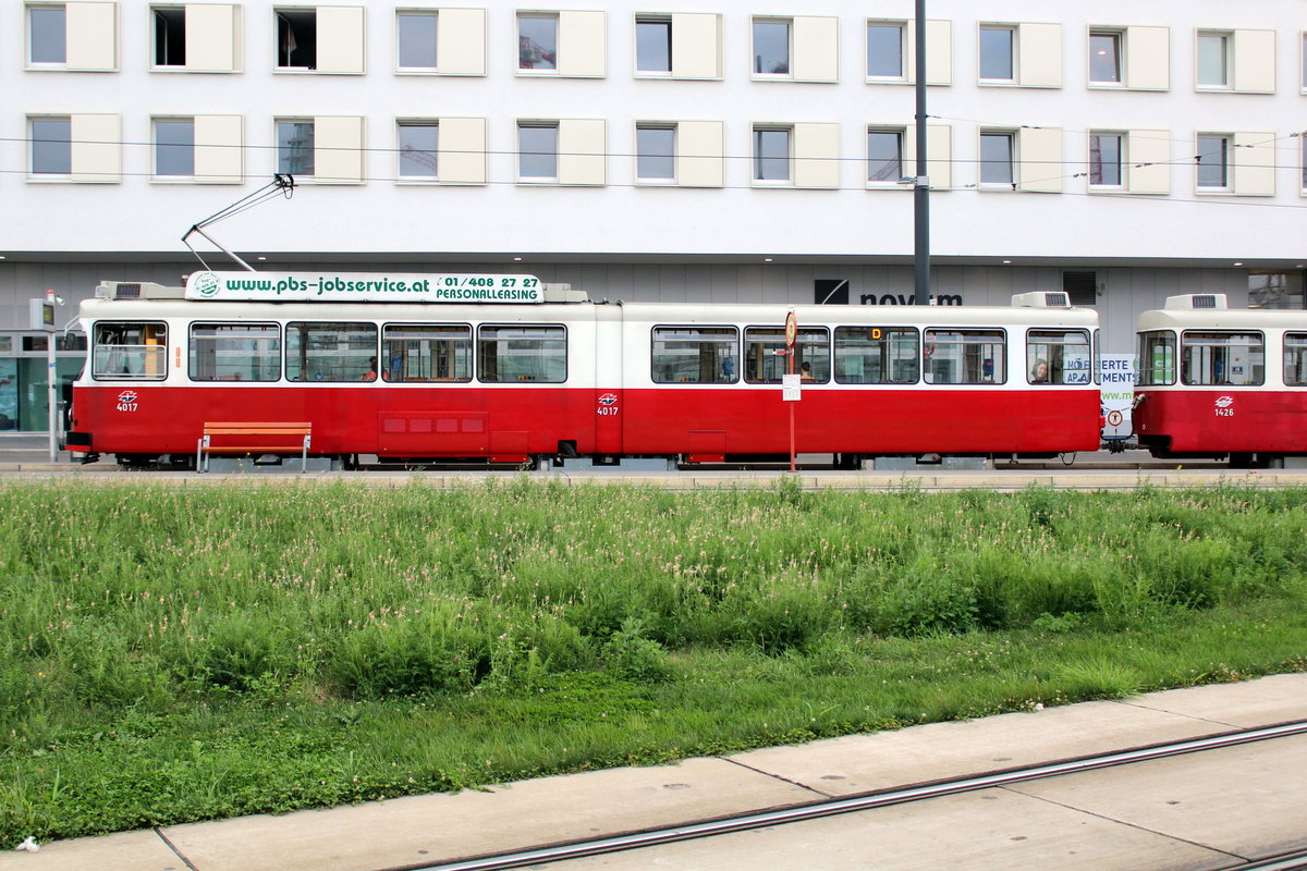 Wien Wiener Linien SL D (E2 4017) X, Favoriten, Karl-Popper-Straße / Alfred-Adler-Straße (Endstation) am 1. August 2018.