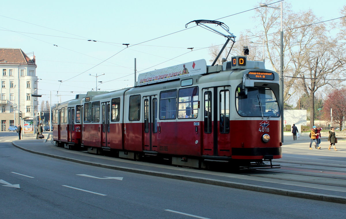 Wien Wiener Linien SL D (E2 4018 + c5 1418) Landstraße, Arsenalstraße am 20. März 2016.