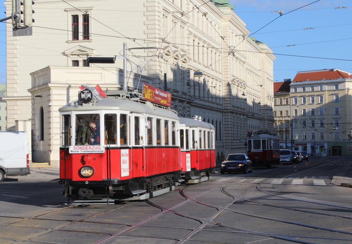 Wien Wiener Tramway Museum (WTM) M 4077 + m3 als Sonderzug III, Landstraße, Landstraßer Hauptstraße / Rennweg am 30. November 2019. - Den Tw stellten die Lohnerwerke 1929 her. 