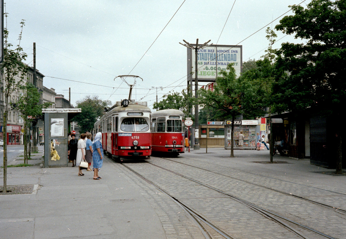 Wien WVB SL 18 (E1 4749) / SL 8 (c3 1344) Neubaugürtel (Hst. Urban-Loritz-PLatz) im Juli 1982. - Scan von einem Farbnegativ. Film: Kodak Safety Film 5035. Kamera: Minolta SRT-101.