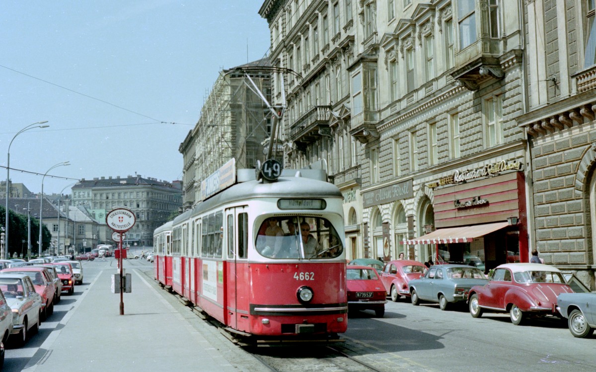 Wien WVB SL 49 (E1 4662 (SGP 1967) + c2/3) Bellariastraße am 16. Juli 1974. Scan von einem